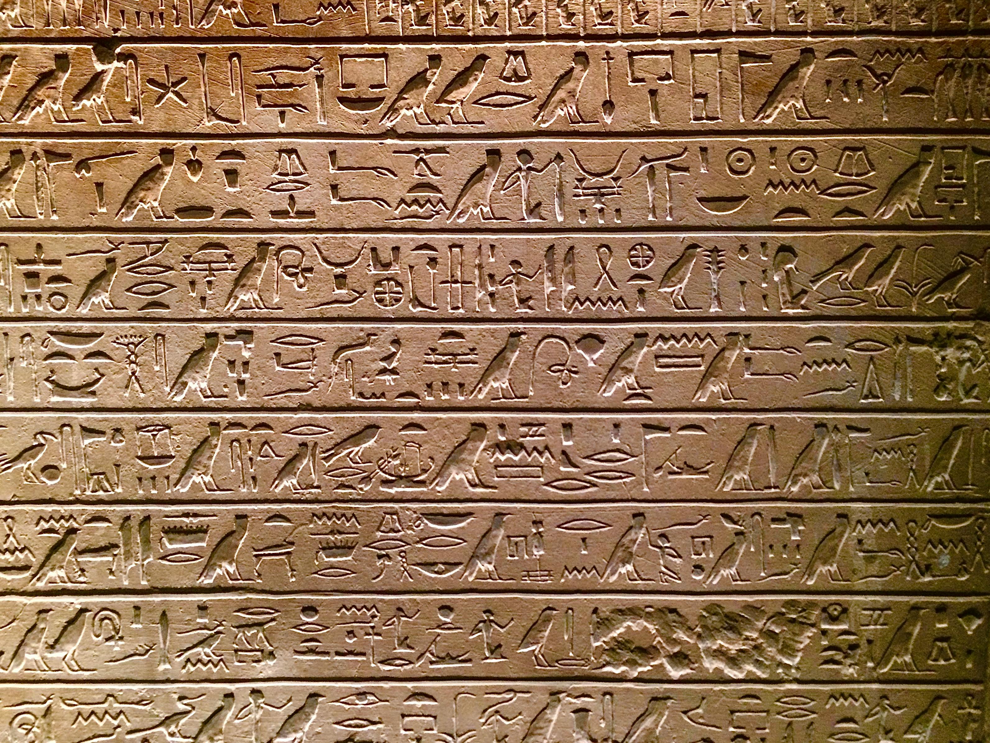 Close-up of intricate ancient Egyptian hieroglyphs etched on a stone wall in Berlin.